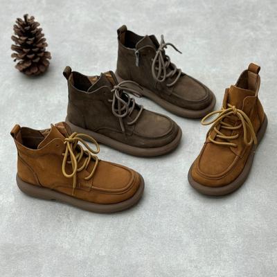 Cizme scurte din piele naturală, cap rotund, fund plat, cizme Martin casual moale din piele de vacă