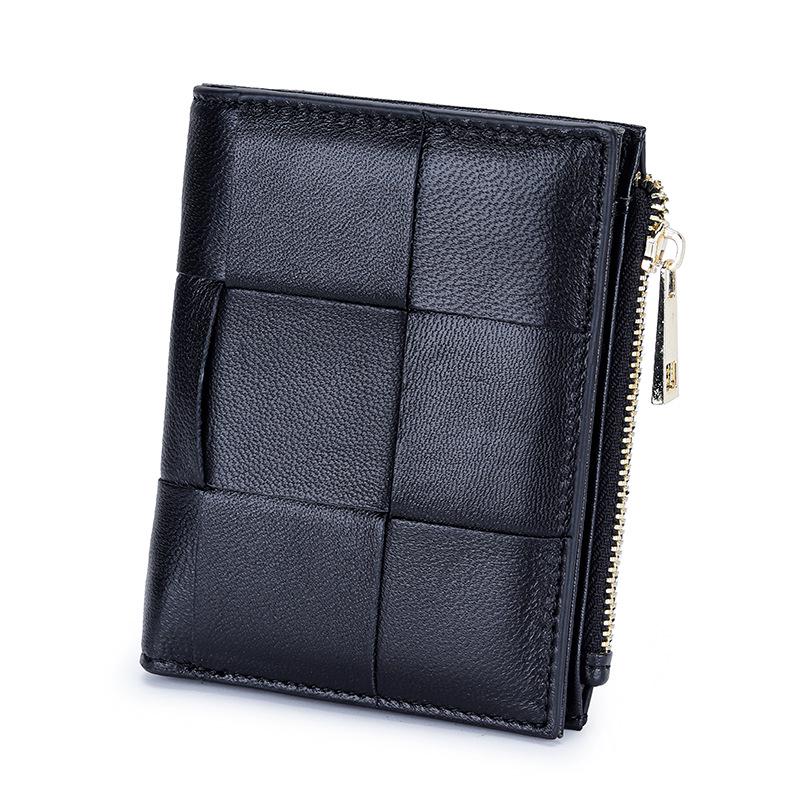 Women's Short Lambskin Woven Wallet: Foldable Card Holder & Zipper Coin Purse (2025)
