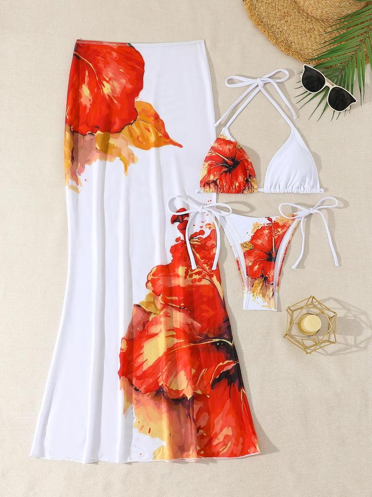 2026 European & American Women's Printed Long Skirt Split Bikini Three-Piece Swimsuit