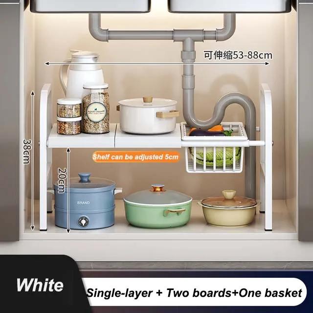 Kitchen Under Sink Adjustable Pot Rack Multifunctional Dish Pans Snacks Cookware Storage Rack Countertop Cabinet Storage Basket