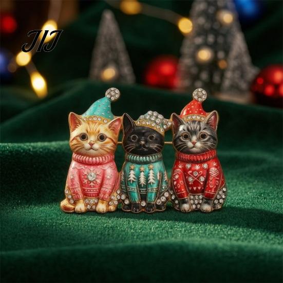 Cat Lover Accessory Christmas Three Brooch Pin, Men Women Rhinestone Kitten Decorative Pin Lapel Badge for Clothing Bags Scarves Sweaters Sweater