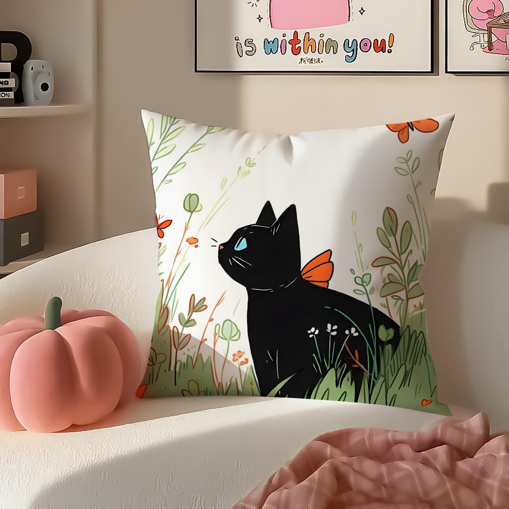 Cute Tiny Adorable Art Cartoon Little Black Cat Cushion Cover Pillowcase Short Plush Invisible Zipper Room Sofa Cushion Cover