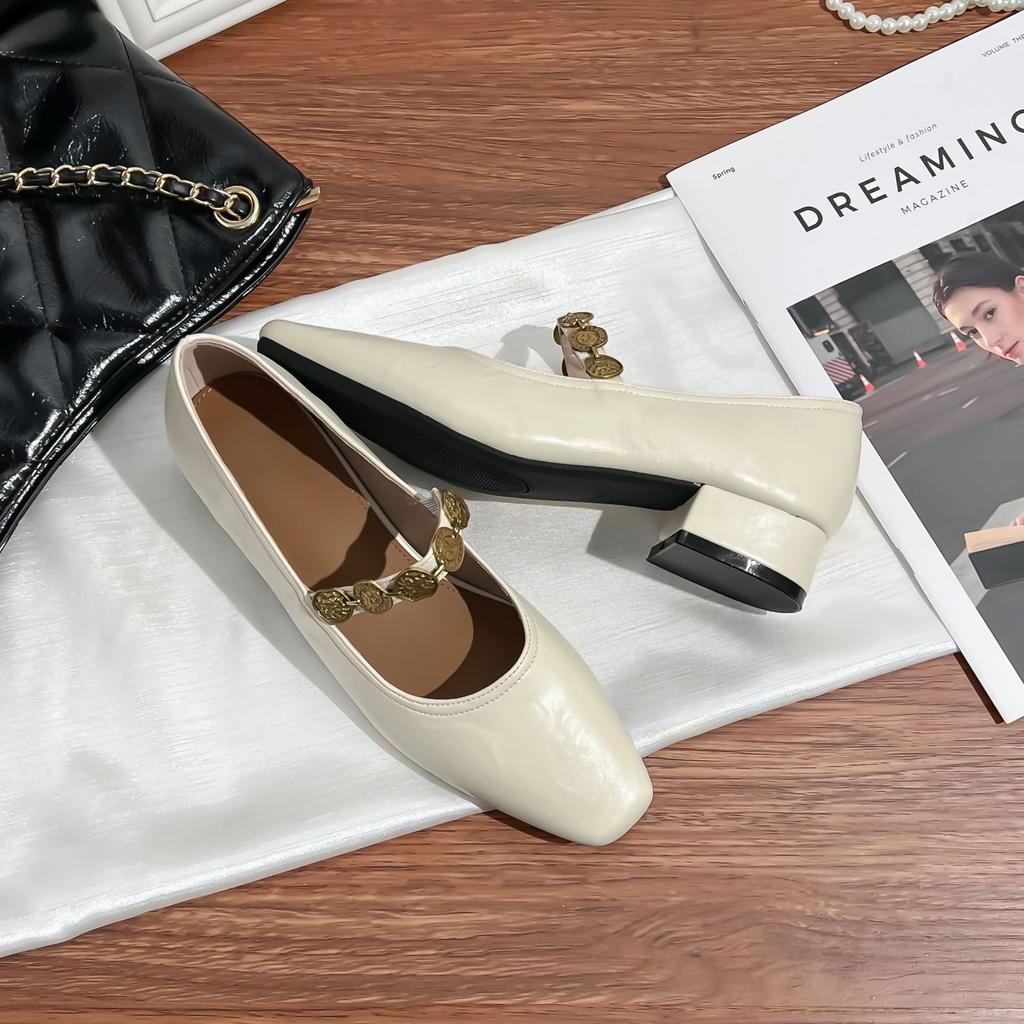 Grape mother French retro single shoes women's outer wear one word with small gold coins thick heels high heels soft soles not tired feet women's shoe