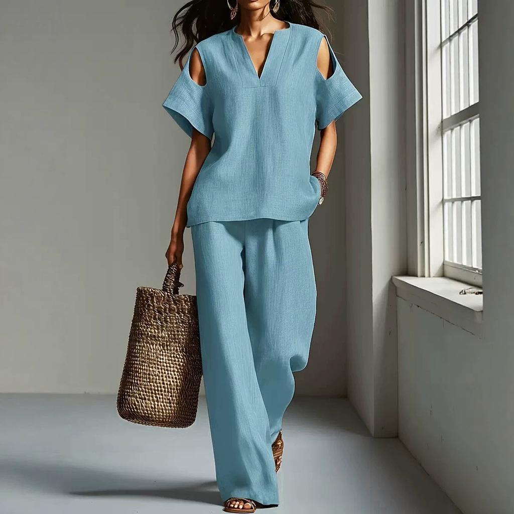 Women Blue Cold Shoulder Two Piece Set V Neck Short Sleeve Top and Wide Leg Pants Summer Casual Tracksuit