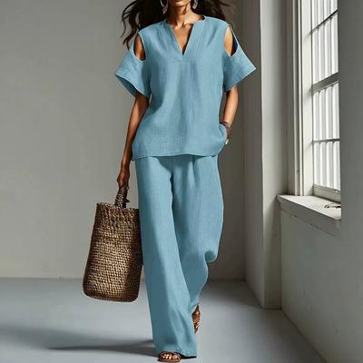 Women Blue Cold Shoulder Two Piece Set V Neck Short Sleeve Top and Wide Leg Pants Summer Casual Tracksuit