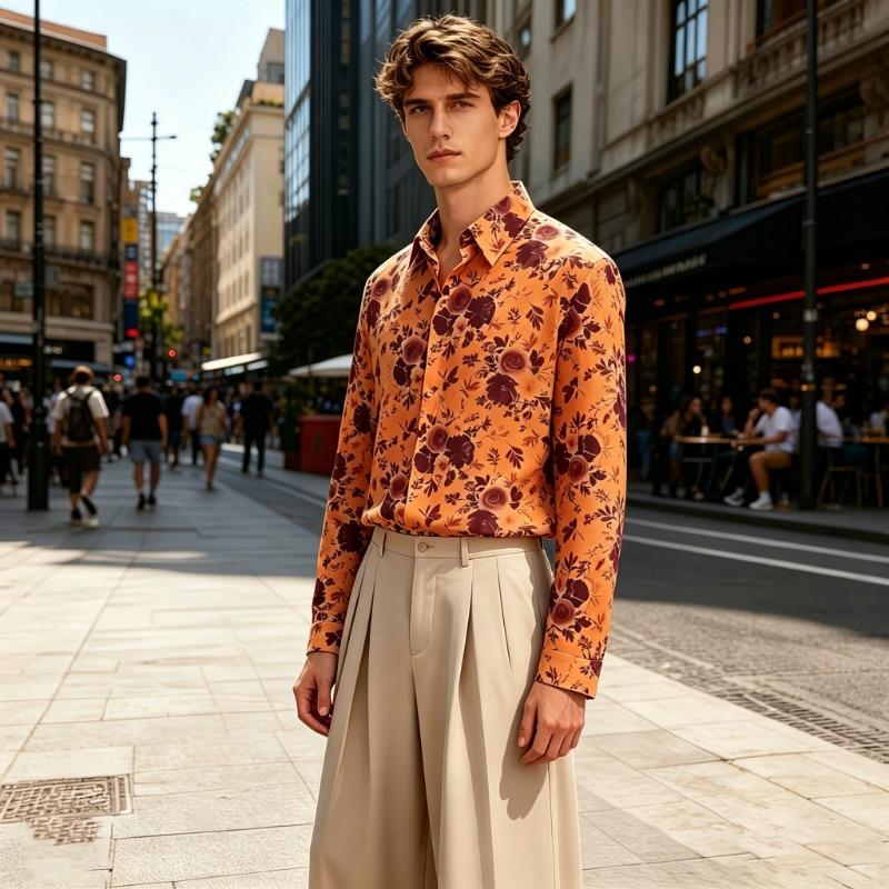 Men's collared loose-fitting long-sleeved shirt, floral print, flowy blouse, urban casual cardigan top.