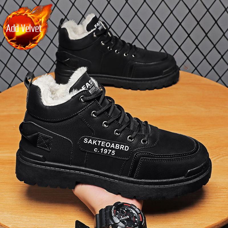 Trendy Men's Winter Warm Snow Boots Fleece Lined Comfortable Anti Slip High Top Versatile Casual Outdoor Retro Workwear Shoes