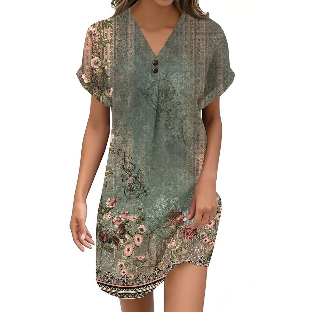 Women's V-neck Vintage Floral Print Pullover Casual Button Dress