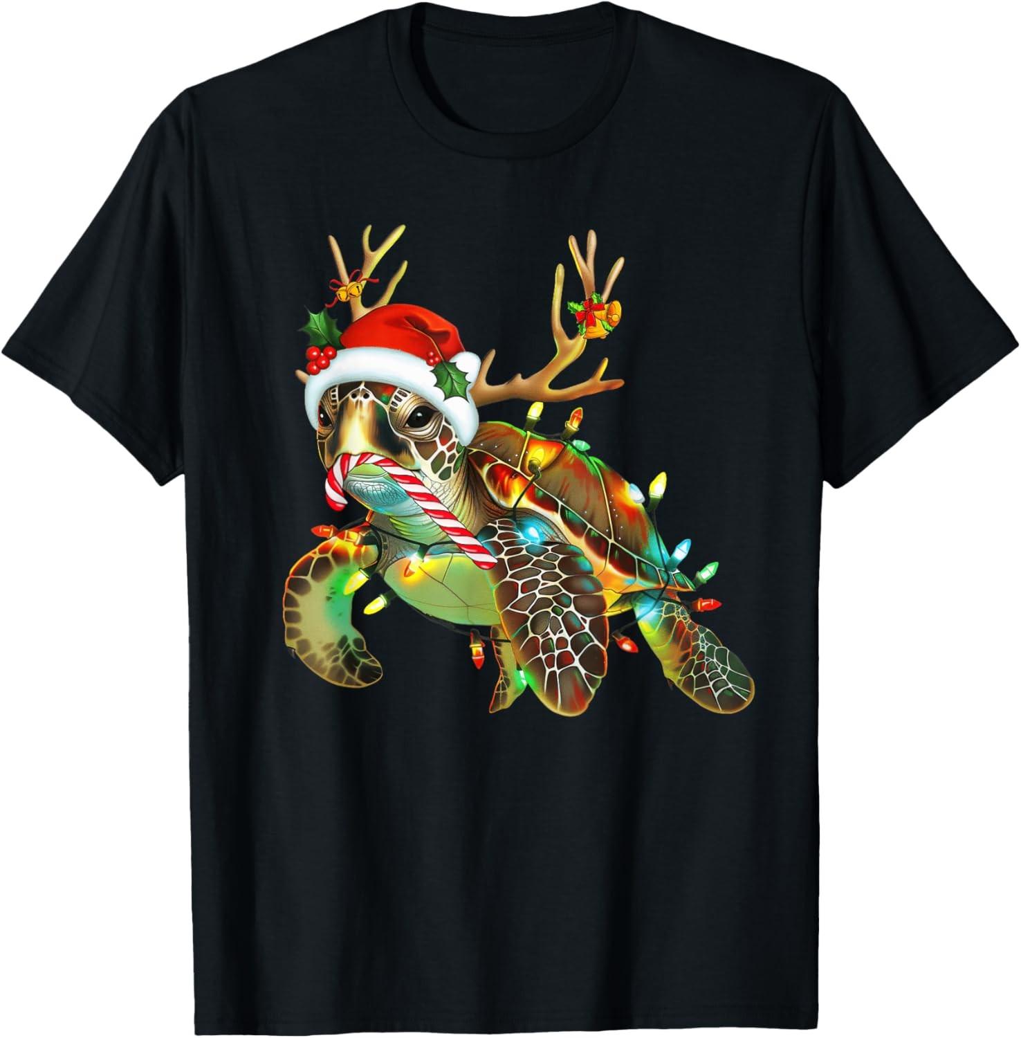 Sea Turtle Christmas Lights Santa Hat Merry Christmas 2024 T-Shirt S