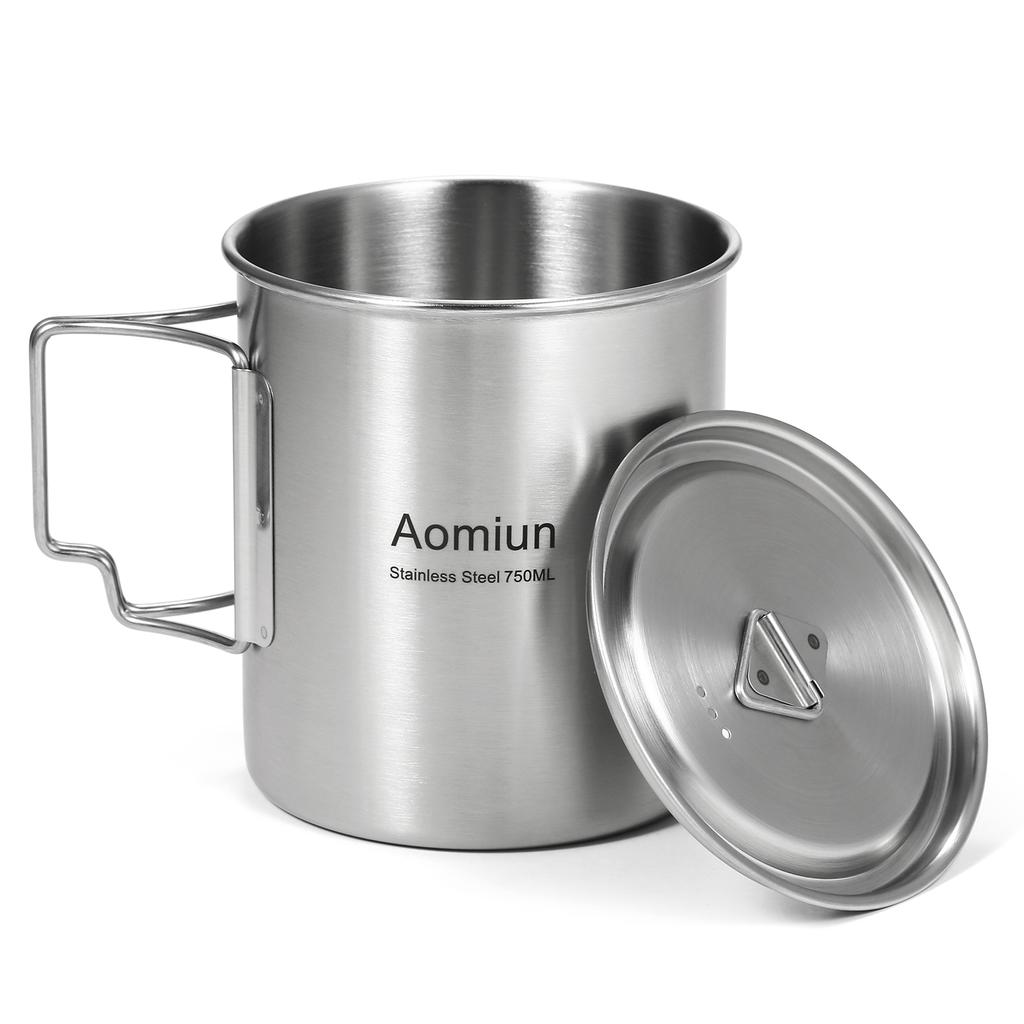 Aomiun 750ml Stainless Steel Pot Portable Water Mug Cup with Lid and Foldable Handle Outdoor
