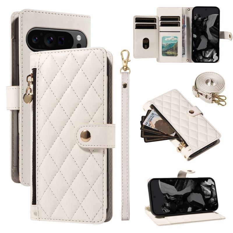Long Lanyard Leather Zipper Flip Purse Phone Case For Google Pixel 10 Pro XL 9 9A 8 8A 7A 7 6A Wrist Strap Wallet Card Cover Bag