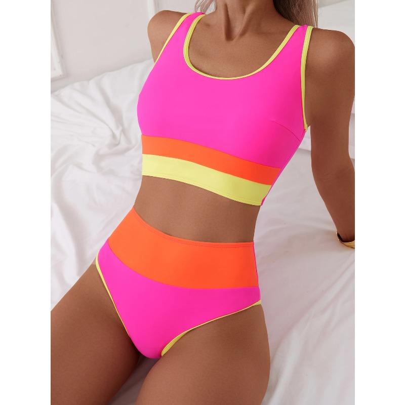 Sporty High Waist Bikinis 2026 Color Block Swimsuit Women Sexy Swimwear Female Bathers Bathing Swimming Swim Suit Beachwear XXL