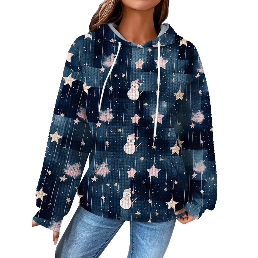 Women's Fashion Loose Hooded Pullover Long Sleeve Plaid Sweatshirt With Drawstring, Drop Shoulder, Pocket, Christmas Print Top