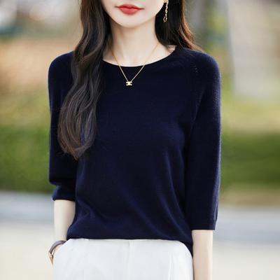 Summer Women's Clothing Crew Neck Knitted Sweater Short-sleeved Five-quarter-sleeved Top