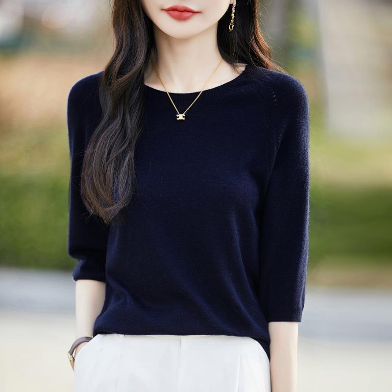 

Summer Women s Clothing Crew Neck Knitted Sweater Short-sleeved Five-quarter-sleeved Top M