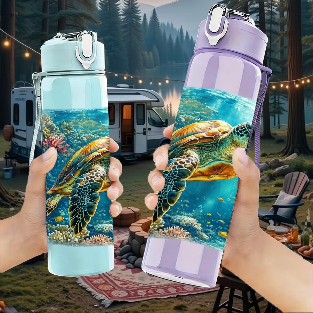 1 PZ Tartaruga Marina Corallo Scena Oceanica Stampa 750ml Colore Plastica Borraccia Sportiva Anti-perdita Tappo con Cannuccia a Flip Adatta per Sport Ufficio Uso Domestico