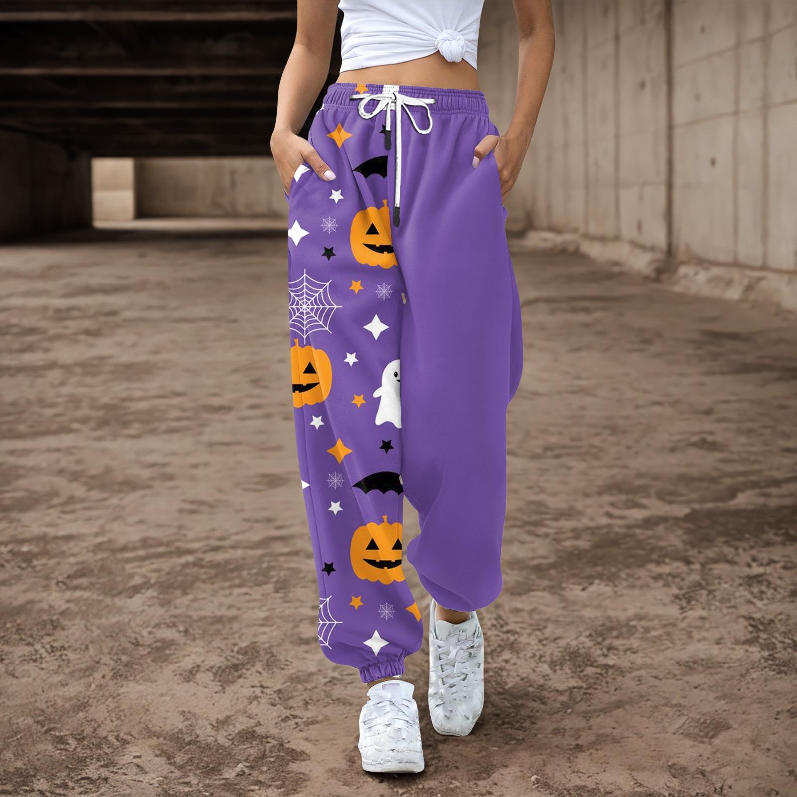 

Женские повседневные брюки с принтом на Хэллоуин, эластичные брюки с завязками на талии XXXL фиолетовый