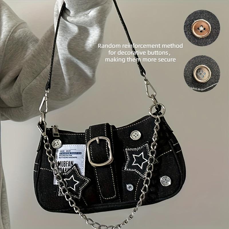

Сумка через плечо из денима Y2K для женщин, декорированная звездами сумка под мышкой, модная цепочка с пряжкой 25cm*7cm*13cm