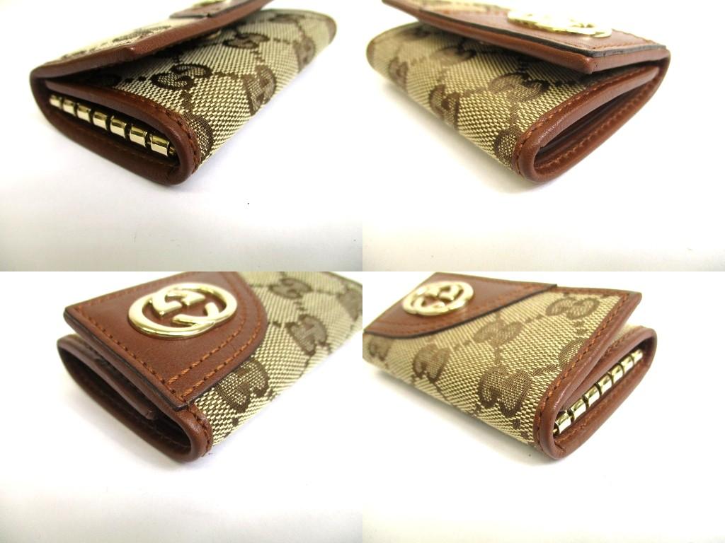 Authentic GUCCI GG Beige Canvas Brown Leather 6 Pics Key Chain #b078  Open box