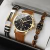 3PCs/Set Fashion Men's Watch Luxury Leather Band Quartz Watch with Tiger Eye Buddha Bead Titanium Steel Bracelet Set(No Box)