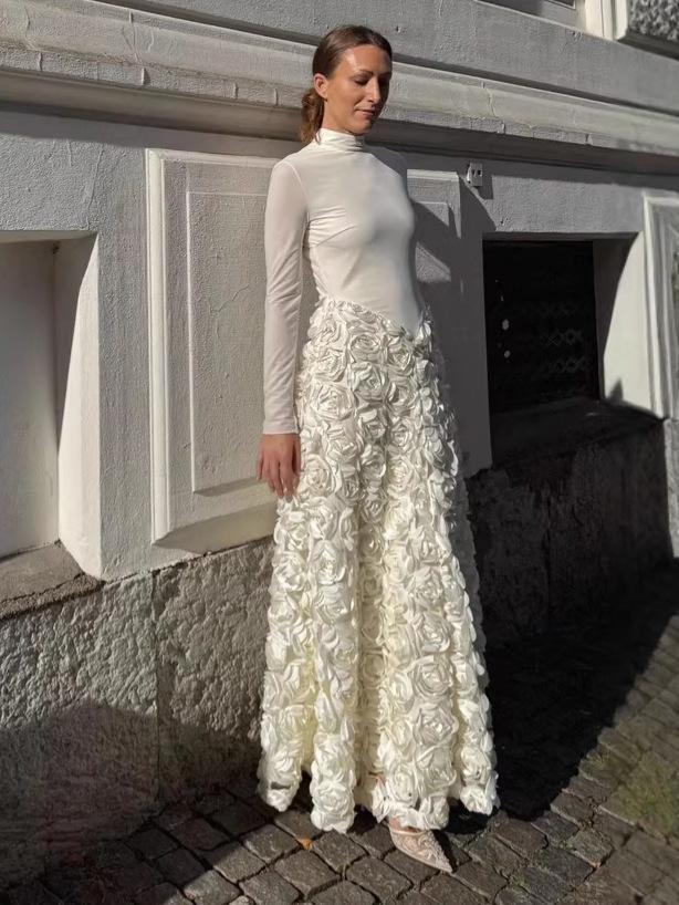 Elegant Long Sleeve 3D Floral Rose Party Dress