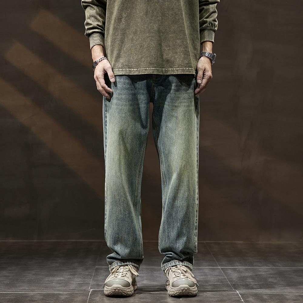 American Retro Straight Jeans Men's Autumn and Winter Loose Tide Brand High Street Large Size Pants Boys Wide Leg Trousers Tide