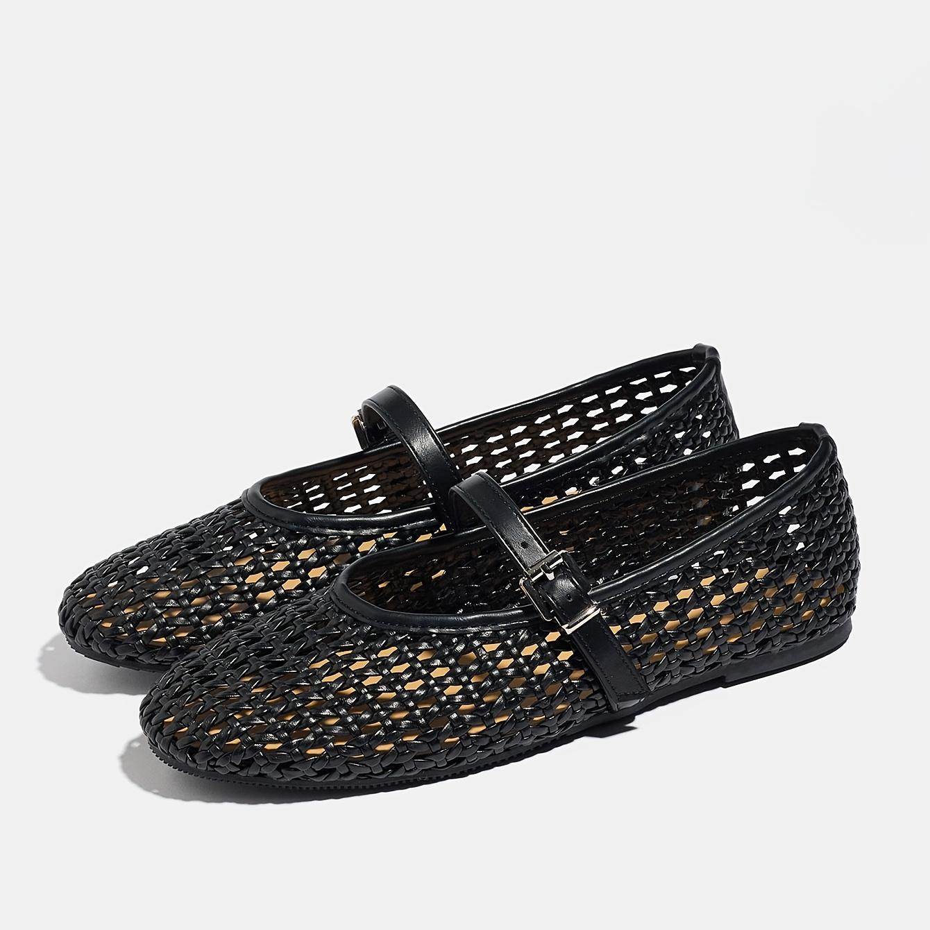 

Women s Plus Size New Niche Woven Single Buckle Strap Single ShoeWomen s Flat BottomShallow Mouth Hollow Breathable Black Round Head Spring and Summer 36 чёрный