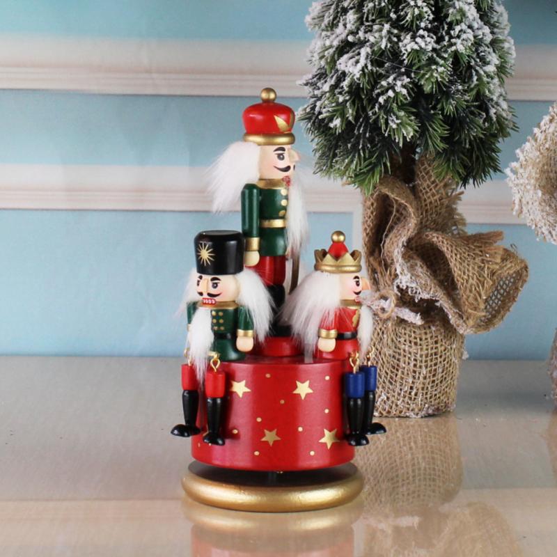 23cm Wooden Nutcracker Soldier Music Box Rotating Music Box Nutcracker Christmas Decoration Home Wooden Music Box Christmas Gift