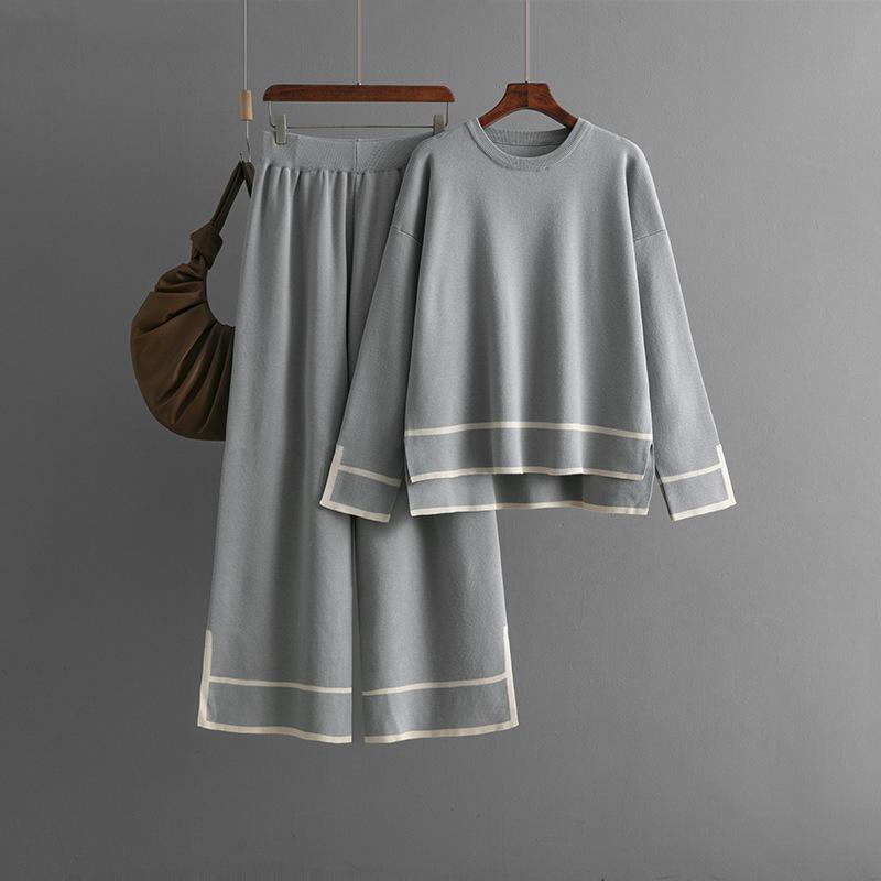 

Осень-зима, свободный пуловер с высоким воротником, костюм-свитер, женский однотонный вязаный широкий брюки с длинными рукавами, комплект из двух предметов One Size серый