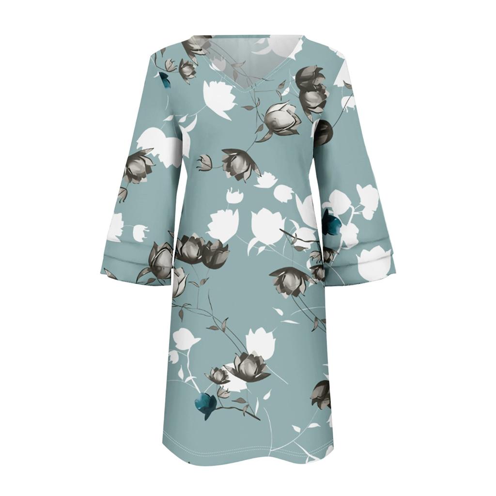 Women's Fashion Temperament Elegant Fresh Printed V-Neck 3/4 Sleeves Dress