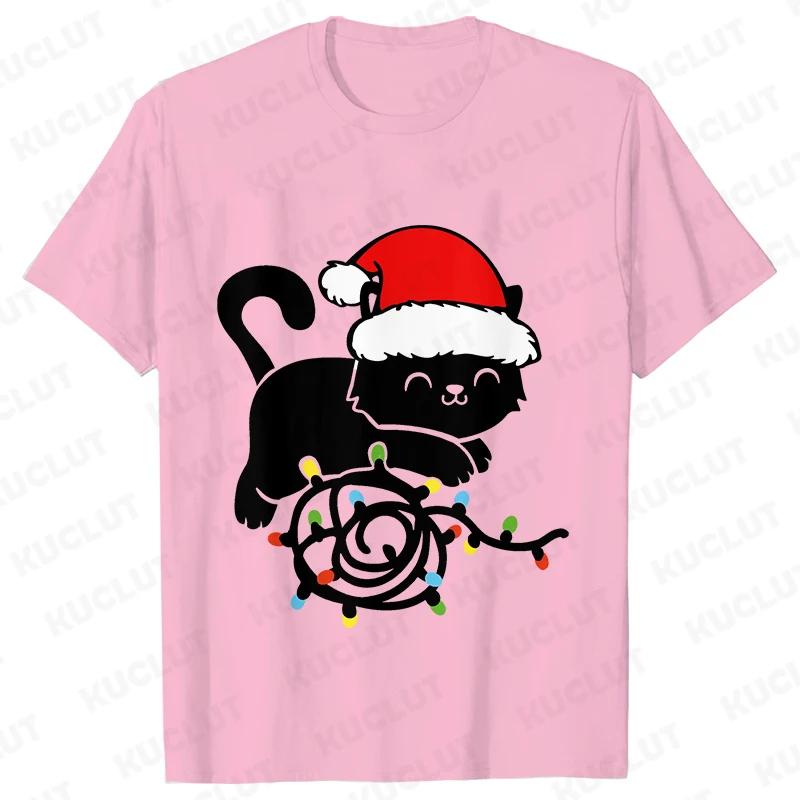 Fashion Trendy T Shirt Short Sleeve Tees for Unisex Funny Christmas Lights Cat T Shirts Female Korean Casual Streetwear Tshirt