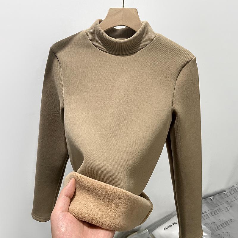 H331 Women's Slim Fit Knitted Half Turtleneck Sweater - Plus Velvet, Warm Long Sleeve Top for Autumn and Winter
