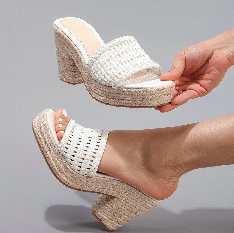 Fashion Hollowed-Out Hemp Rope Wedge Heel Sandals, Summer Casual Vacation, Waterproof Platform, Thick-Soled High Heels For Women