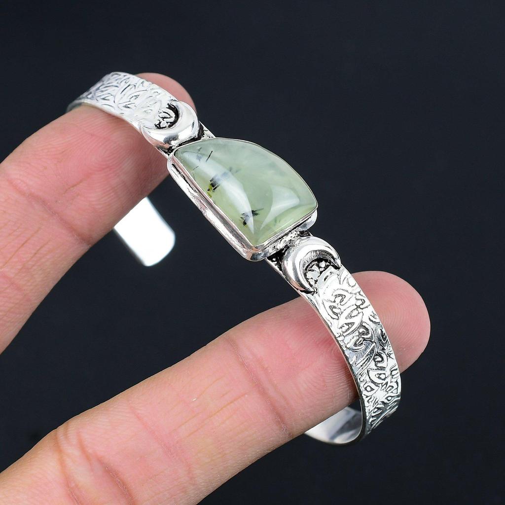 Gift For Women Bangle Crescent Moon Adjustable 925 Silver Natural Moss Prehnite