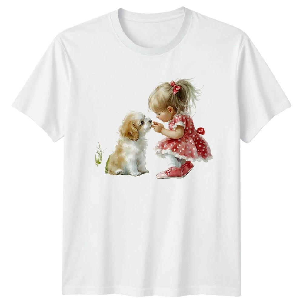 Girl And Puppy Childhood Pet Companionship Unisexs Unisexs Graphic Tee S