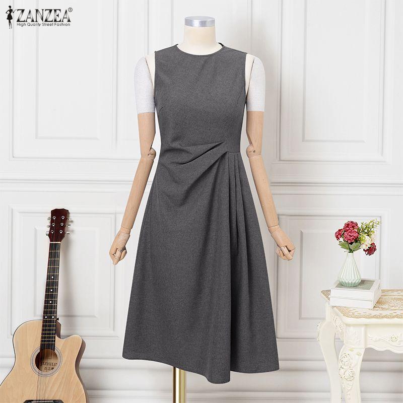 ZANZEA Women Casual Round Neck Solid Color Summer Sleeveless Dress