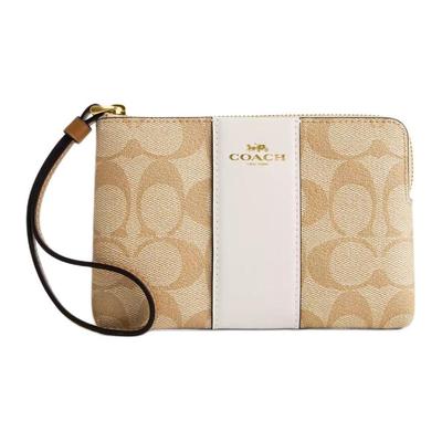 Corner Zip Wristlet 15 Striped Signature Coated Canvas And Recycled Leather Clutch Mini Women Clutch Light-Khaki CR945-IMWQJ