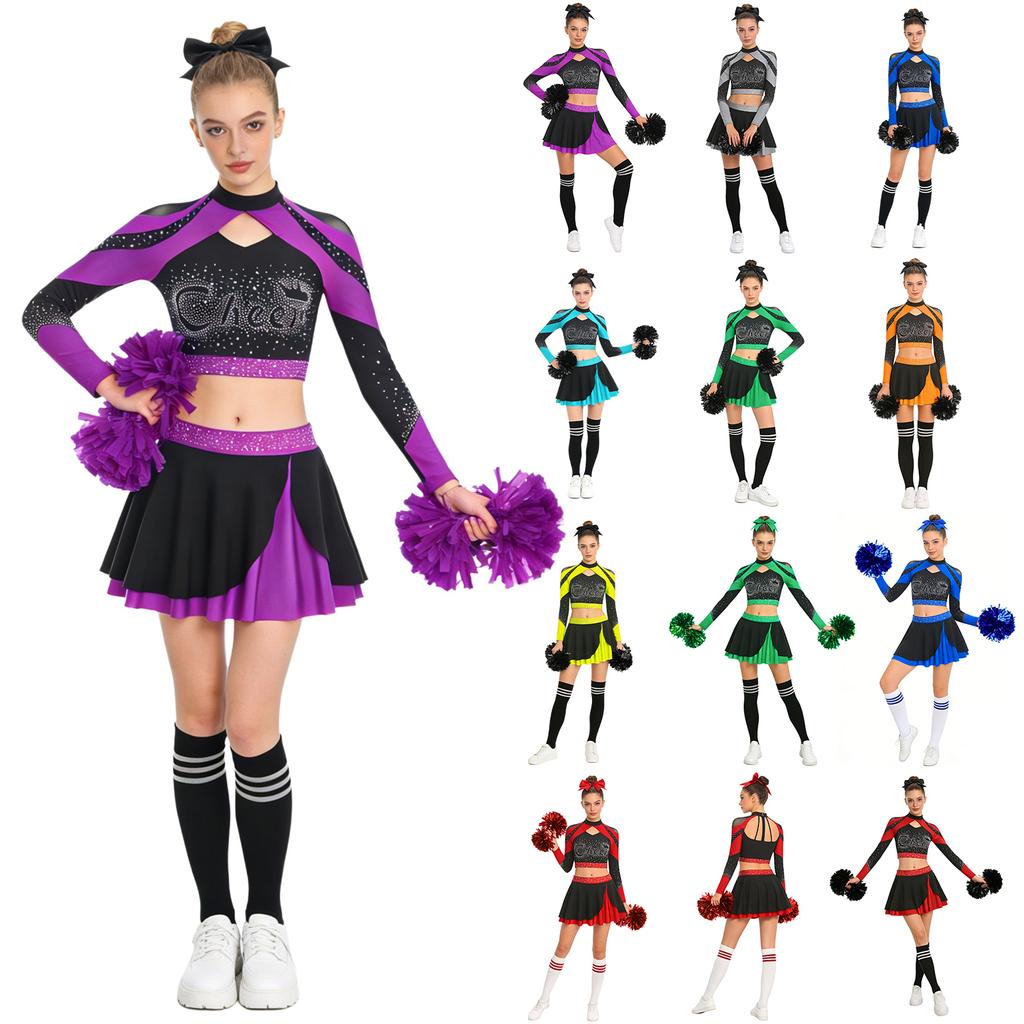 Uniforme Brillante da Cheerleading da Donna Manica Lunga Strass Crop Top Gonna da Pattinaggio