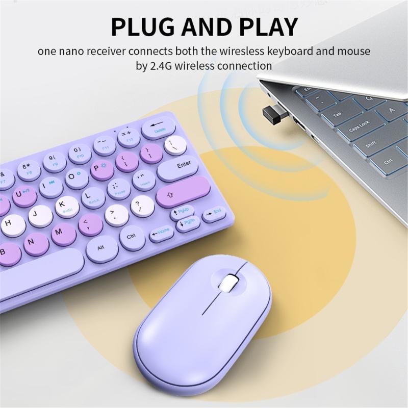 Silents Clicks Wireless Keyboards Mouse Set Round Retro Keycaps 2.4G Connectivitys Portable For Desktop Office Travel Use