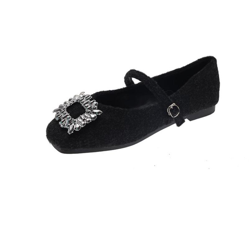 French Rhinestone Square Buckle Single Shoes for Women 2026 Autumn and Winter New Cotton Shoes Wedge