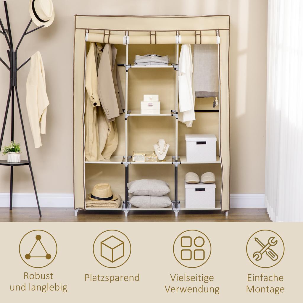Fabric Wardrobe, with Rails and Shelves - Beige