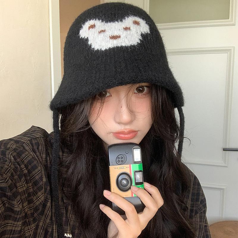 

New knitted cute bear versatile warm bucket hat female face small strap wool hat thickened basin hat Adult average size сірий колір