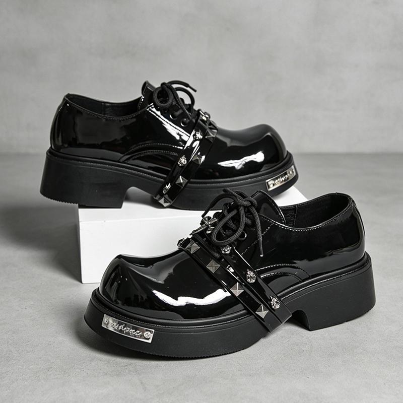 Men Punk Loafers Dress Boots Elevator Shoes Black Red Round Toe Big Head Leather Shoes Thick Sole Platform Shoes Plus Size