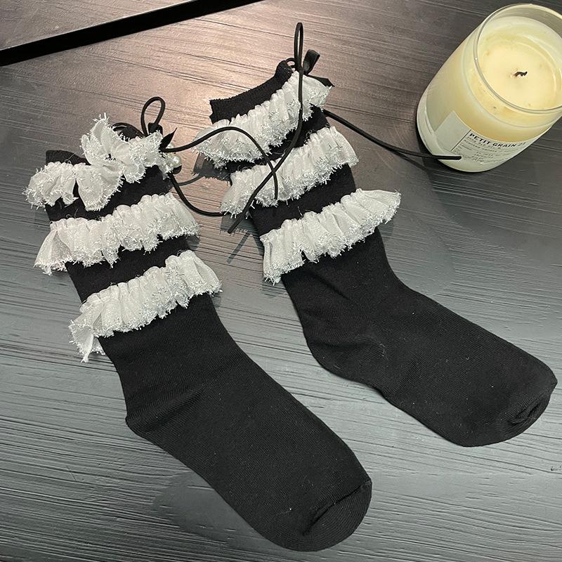 Lolita Pearl Bow Ruffle Socks, Sweet Gothic Tiered Lace Ankle Socks with Shiny Trim for Women & Girls L чёрный