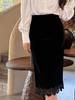 Rongtai Women's Textured Velour Embroidered Lace Hem Bodycon A-line Skirt 2026.