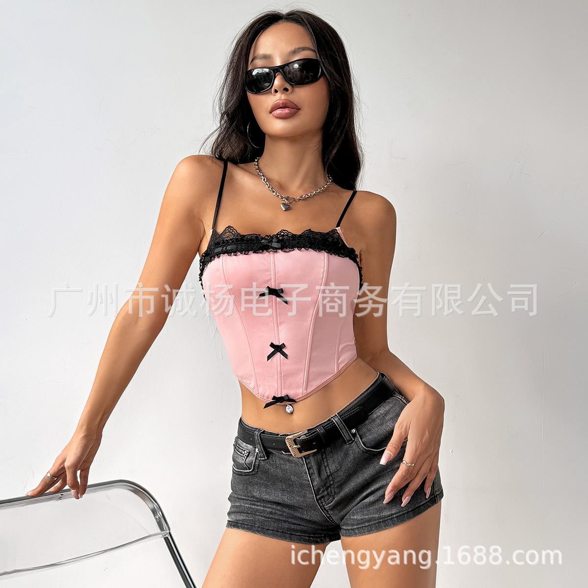 

Женская сексуальная модная кружевная майка с бантом и глубоким вырезом Fishbone L розовый