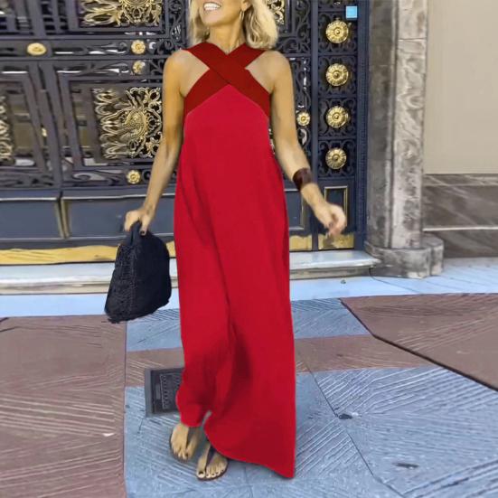 Abito da donna con scollo all'americana incrociato, senza maniche, estivo, sexy, senza schiena, linea ad A, lungo, con spalle scoperte, boho, lungo