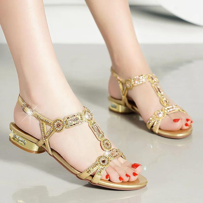 Fashion Women Comfortable Non-slip Flat Platform Shoes Rhinestone Sandals T-strap Square Low-heeled Leisure Sandals Party Shoes