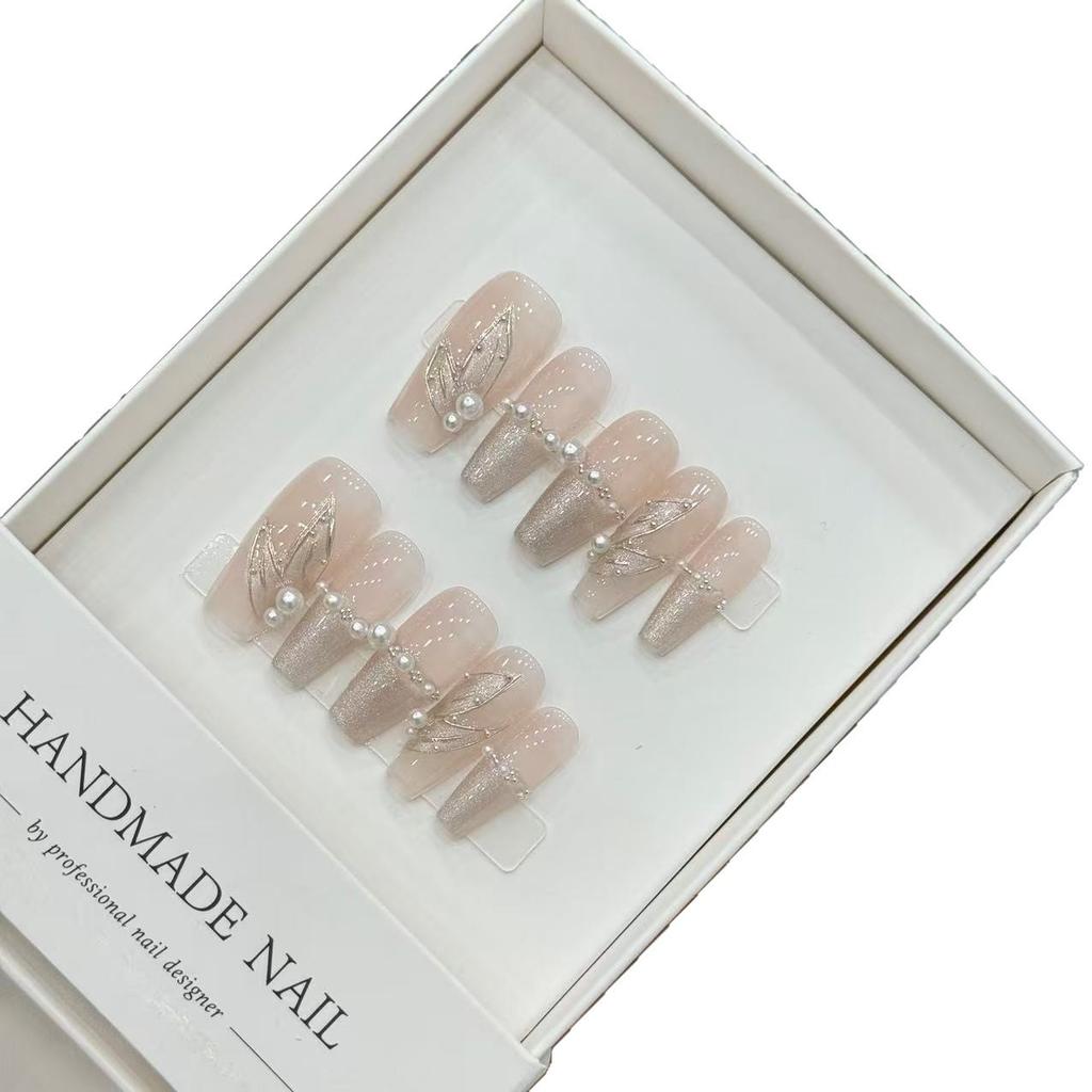 Handmade Cat Eye Coffin Almond French Coffin False Nails Pink 3D Flower Press Nail Sticker Design Acrylic Artificial Fingernails