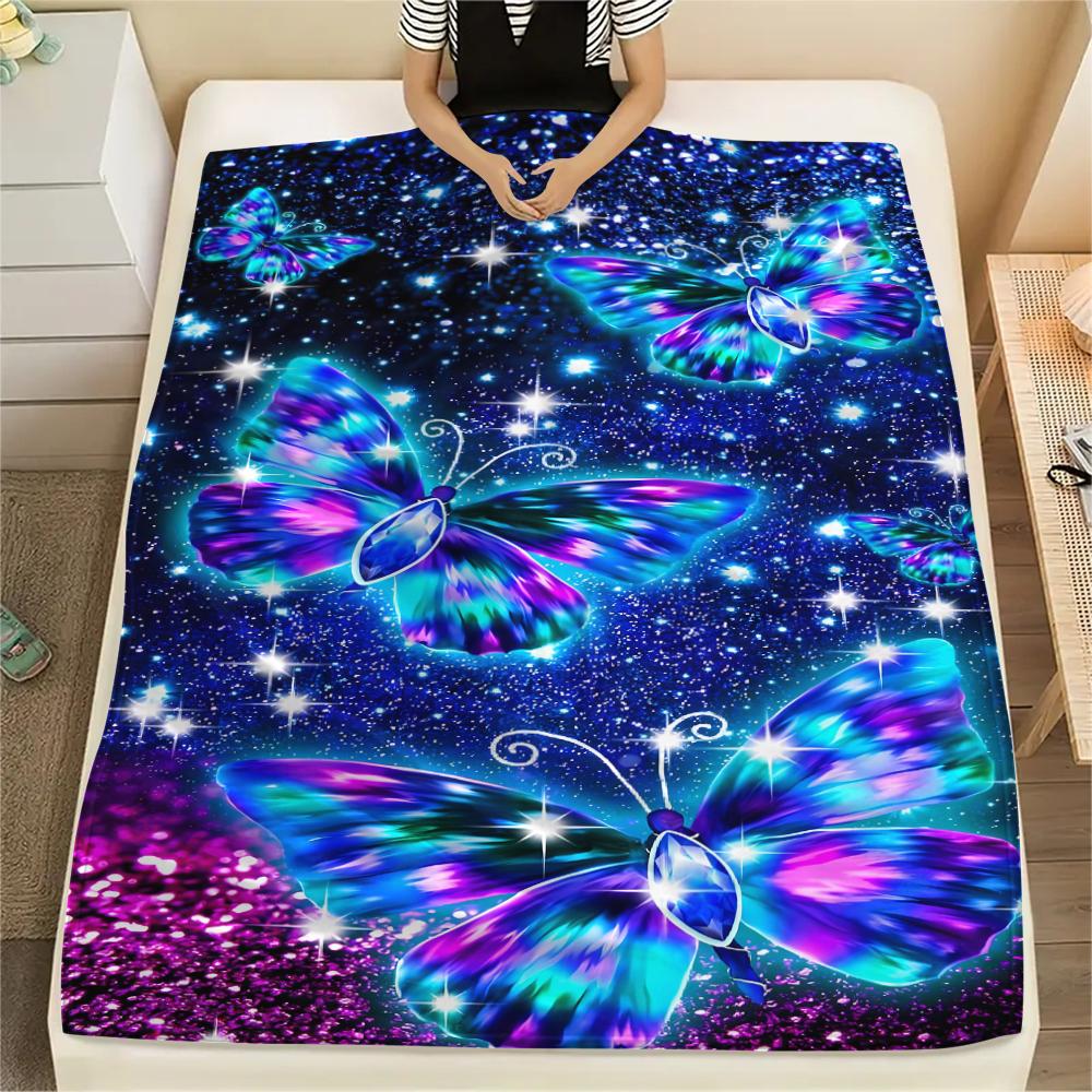 1Pc Blue Butterflies Print Flannel Blanket, High Quality Comfortable for All Seasons, Home Decor, Warmth and Comfort, Perfect for Christmas Gifts